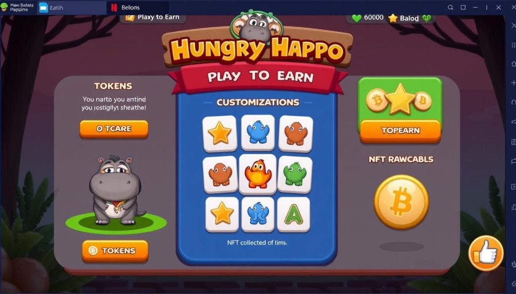 Harry Hippo (HIPO) game interface showing Play-to-Earn features and NFT integration