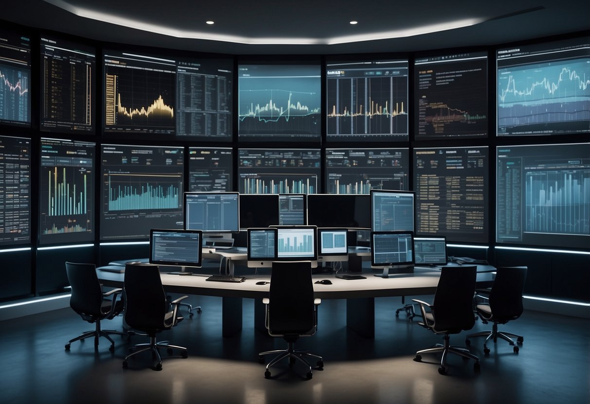 FintechZoom Pro: Revolutionizing Financial Analytics for Modern Investors 2 A modern office with computer screens displaying financial data, charts, and graphs. A team of professionals working together in a collaborative and dynamic environment