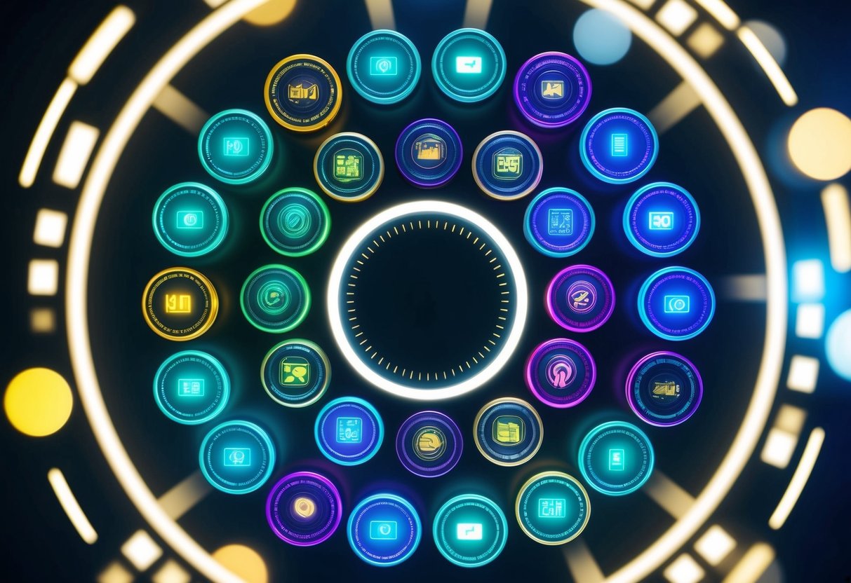 The Best Penny Cryptocurrency to Invest in 2025 1 A diverse group of 14 vibrant and futuristic-looking digital coins arranged in a circular pattern, surrounded by glowing lines and symbols