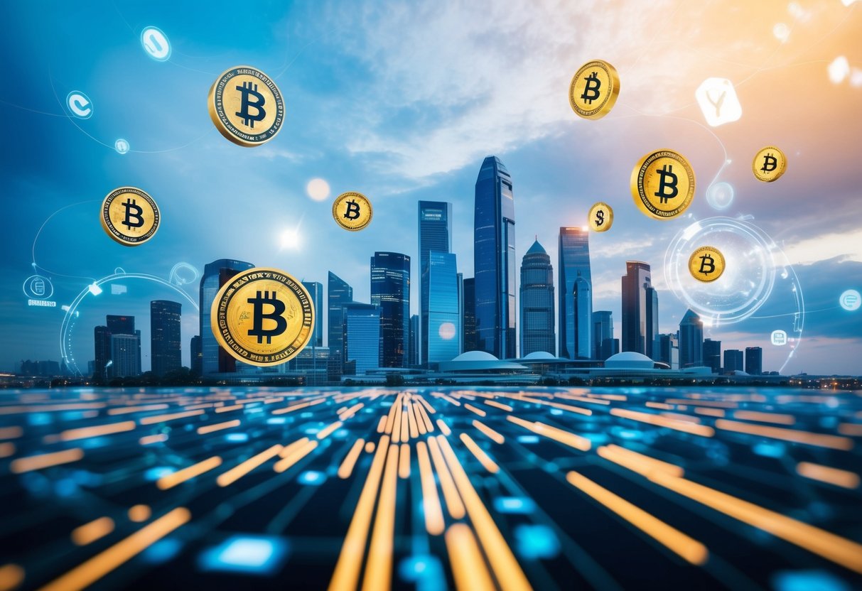 Best Altcoins to Invest in 2025 For Maximum Potential 1 A futuristic city skyline with digital currency symbols floating in the air, surrounded by cutting-edge technology and innovative financial infrastructure