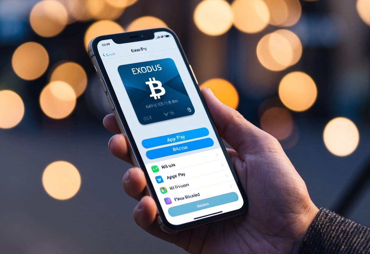 Buy Bitcoin with Apple Pay: A Guide to Quick Transactions 1 A hand holding an iPhone, with the Exodus Wallet app open and the Apple Pay interface visible, with a Bitcoin icon