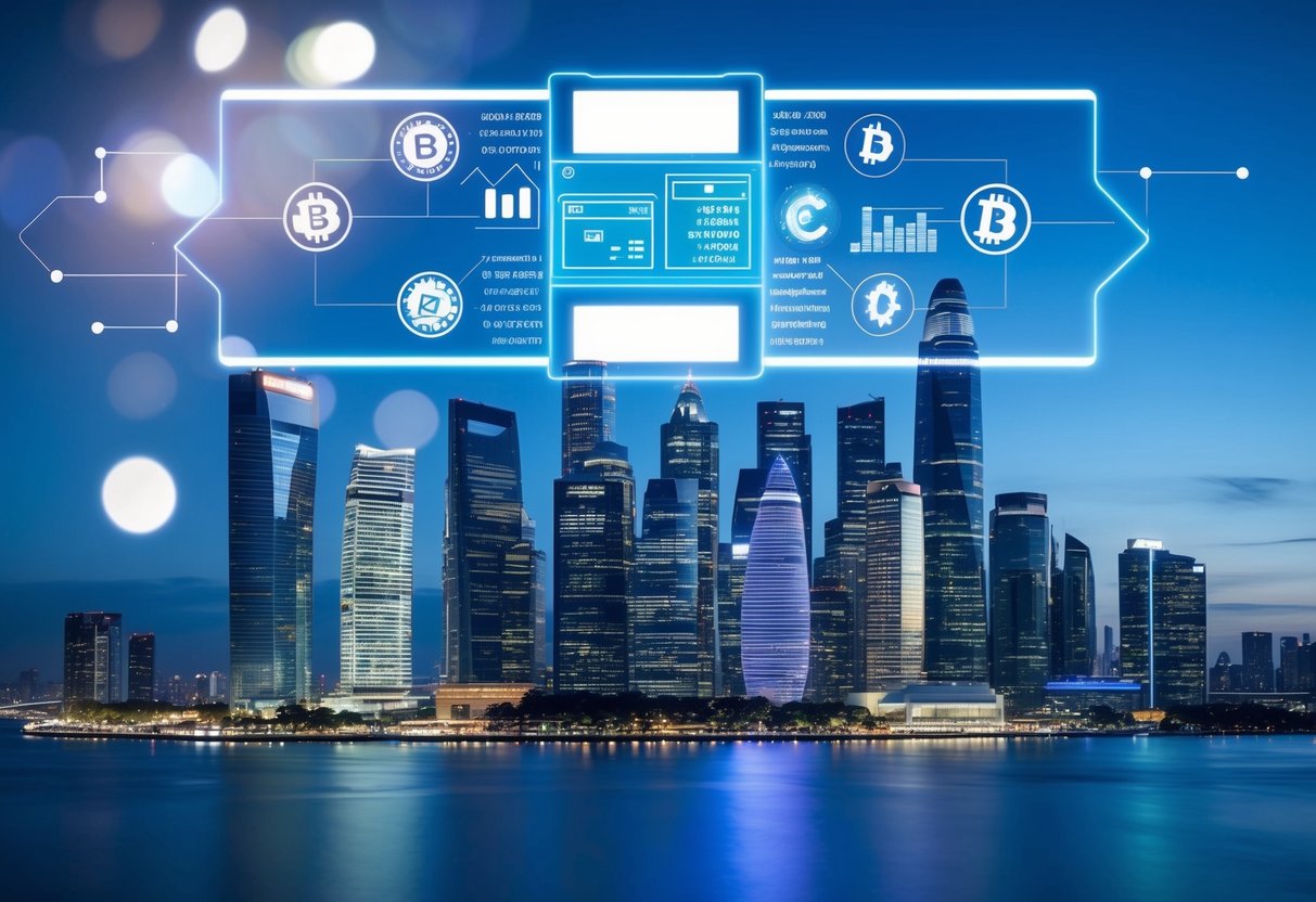 Binance Connect Relaunches: Fiat and Crypto Options Expand, Market Reacts 1 A futuristic city skyline with a digital interface overlay, showcasing various fiat currencies and crypto options