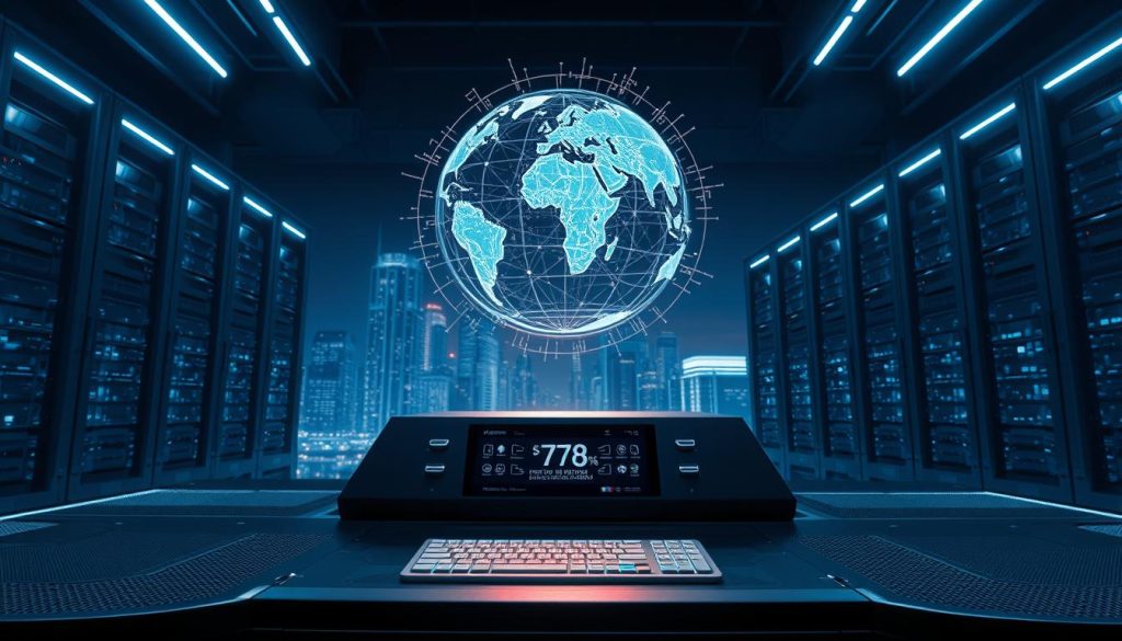 A high-contrast, cinematic image of a digital fortress protecting a cryptocurrency exchange. In the foreground, a sleek, metallic security console with holographic displays and touch interfaces. Hovering above it, a translucent globe representing the global cryptocurrency network, pulsing with data streams. In the middle ground, towering data servers, their blue-white lights casting an ethereal glow. In the background, a cityscape of skyscrapers, their windows reflecting the night sky like a digital constellation. The scene is bathed in a cool, neon-tinged lighting, conveying a sense of technological sophistication and the gravity of securing digital assets.