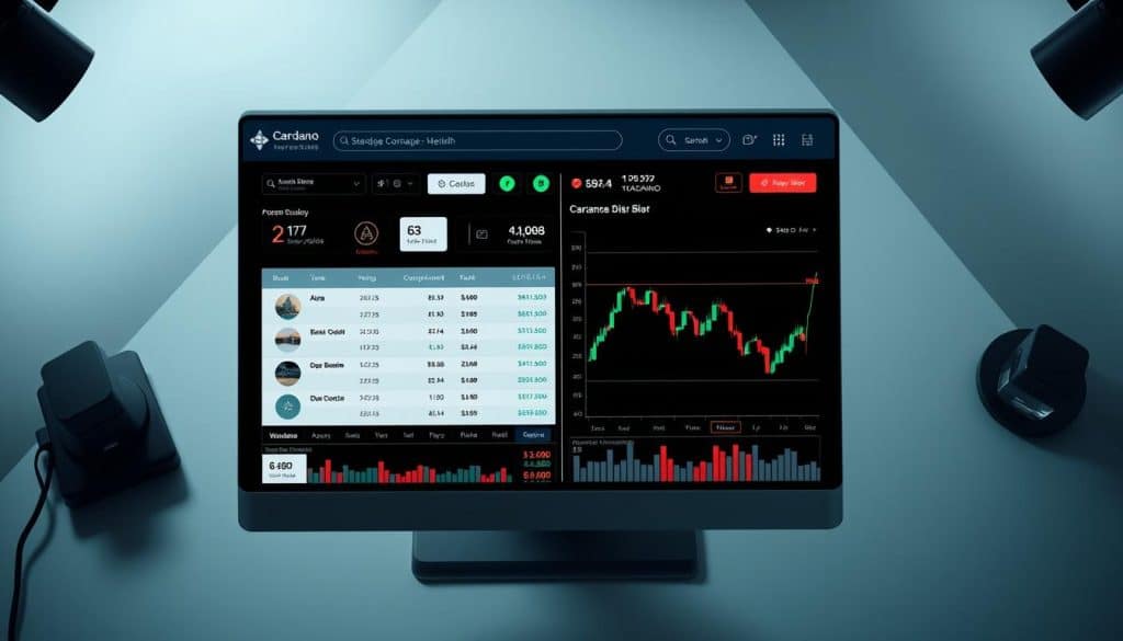 A high-contrast, wide-angle, overhead view of a sleek, modern cryptocurrency exchange platform interface, showcasing various cryptocurrencies, including Cardano (ADA), in a side-by-side comparison. The layout is clean and minimalist, with clear pricing data, trading charts, and user-friendly controls. The background is a neutral, studio-like setting with subtle, dramatic lighting, creating a sense of authority and professionalism. The overall atmosphere conveys a sophisticated, technology-driven experience tailored for the 2024 digital asset landscape.