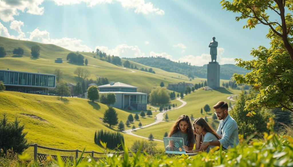A lush, verdant campus nestled amidst rolling hills, with modern, glass-clad educational buildings. Sunlight streams through the windows, illuminating interactive displays and holographic interfaces where students learn the intricacies of cryptocurrency and blockchain technology. In the foreground, a group of eager learners collaborate on a decentralized finance project, their faces aglow with the promise of new digital economies. In the background, a towering statue of a cryptocurrency pioneer stands as a symbol of the transformative power of financial education. The scene exudes a sense of optimism and innovation, capturing the essence of learn-to-earn crypto platforms that empower the next generation of digital entrepreneurs.