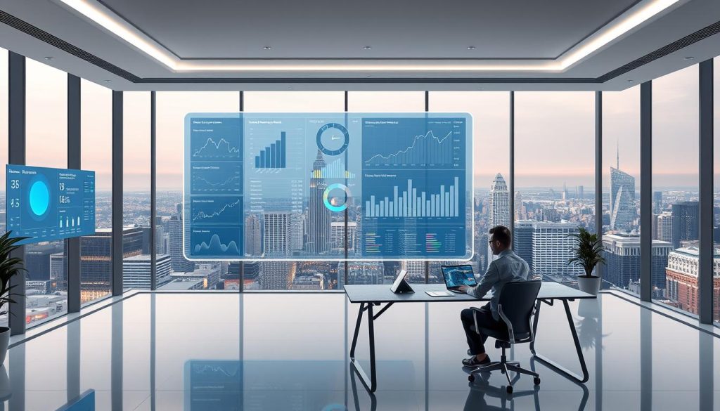 A modern, sleek office space with a large holographic display showcasing various crypto presale projects. The display is surrounded by data visualization screens and analytical dashboards, illuminated by soft, directional lighting. In the foreground, a developer sits at a minimalist desk, intently studying the presale metrics and market trends on their laptop. The background features floor-to-ceiling windows, offering a panoramic view of a bustling city skyline, symbolizing the scale and potential of the crypto presale ecosystem. The overall atmosphere conveys a sense of innovation, efficiency, and the transformative power of presale discovery tools.