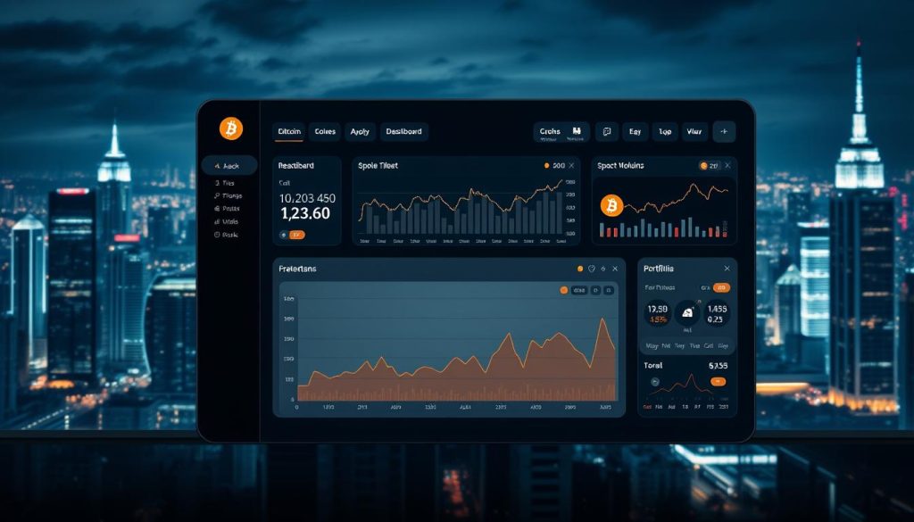 A sleek, modern dashboard interface displaying essential Bitcoin investment tools. The foreground features neatly arranged widgets and graphs tracking real-time cryptocurrency prices, trading volume, and portfolio performance. In the middle ground, a clean, minimalist design with a dark color palette and subtle animations adds depth and interactivity. The background showcases a cinematic cityscape at night, the skyline illuminated by the glow of skyscrapers and neon lights, creating a sense of urban sophistication. Soft, directional lighting casts dramatic shadows, highlighting the dashboard's clean lines and intuitive user experience. The overall atmosphere conveys a professional, cutting-edge finance application tailored for savvy Bitcoin investors.