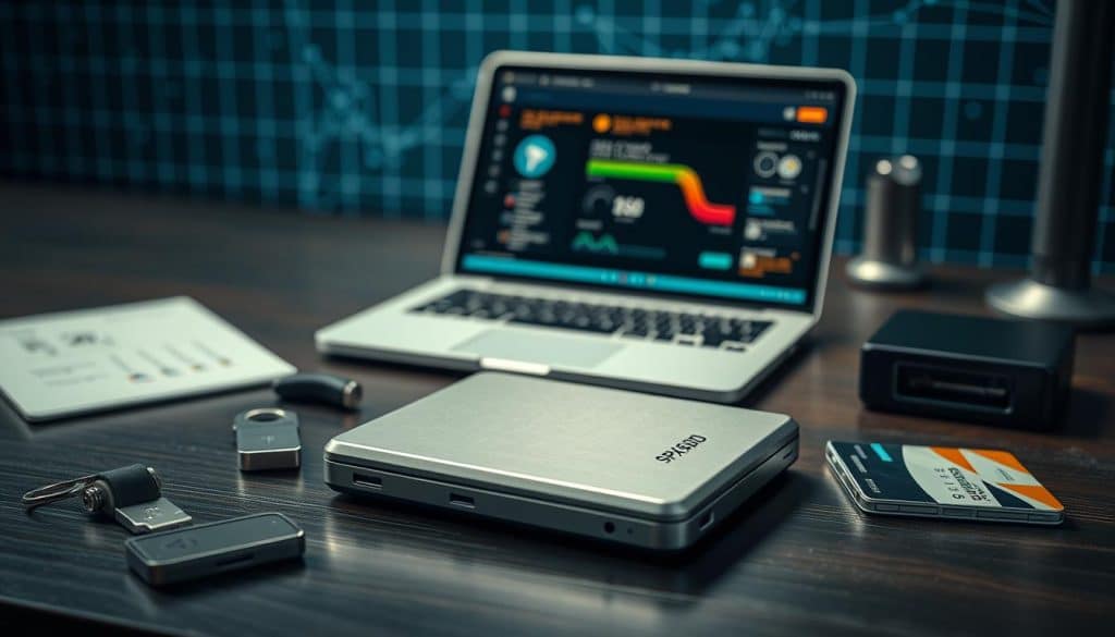 A well-lit desktop scene showcasing a variety of security tools for the SPX6900 cryptocurrency wallet. In the foreground, a sleek metal hardware wallet sits on a dark wooden surface, surrounded by a USB security key, a two-factor authentication device, and a high-tech smart card reader. In the middle ground, a laptop displays the wallet's user interface, highlighting its advanced encryption and multi-signature features. The background features a subtle grid pattern hinting at the blockchain technology underpinning the SPX6900 ecosystem, creating a professional, tech-savvy atmosphere.