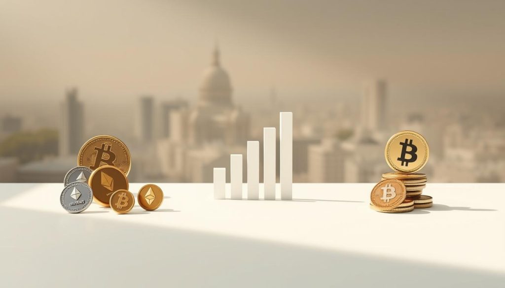 a detailed illustration of cryptocurrency portfolio diversification techniques, showcasing different digital assets arranged in a visually appealing composition. a sleek, minimalist design with a soft, muted color palette. the foreground features a geometric arrangement of various cryptocurrency symbols, such as bitcoin, ethereum, and altcoins, each represented by their distinct icons. the middle ground depicts a simple bar graph or chart visualizing the percentage allocation of the different digital assets. the background has a subtle, blurred cityscape or landscape, evoking a sense of the modern, technological world of cryptocurrency. lighting is clean and directional, creating depth and highlighting the key elements. the overall mood is one of balance, strategy, and financial sophistication.