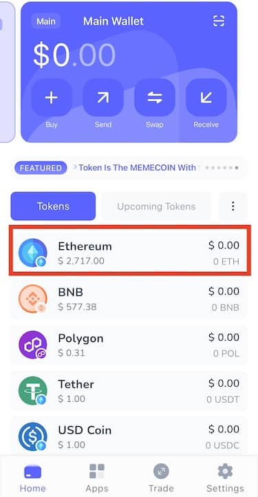 How to Buy Bitcoin Bull (BTCBULL) - Beginner's Guide 3 best walletのイーサリアム選択画面