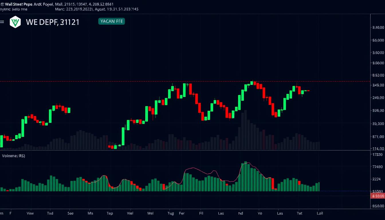Wall Street Pepe price chart showing recent price movements and trading volume spikes