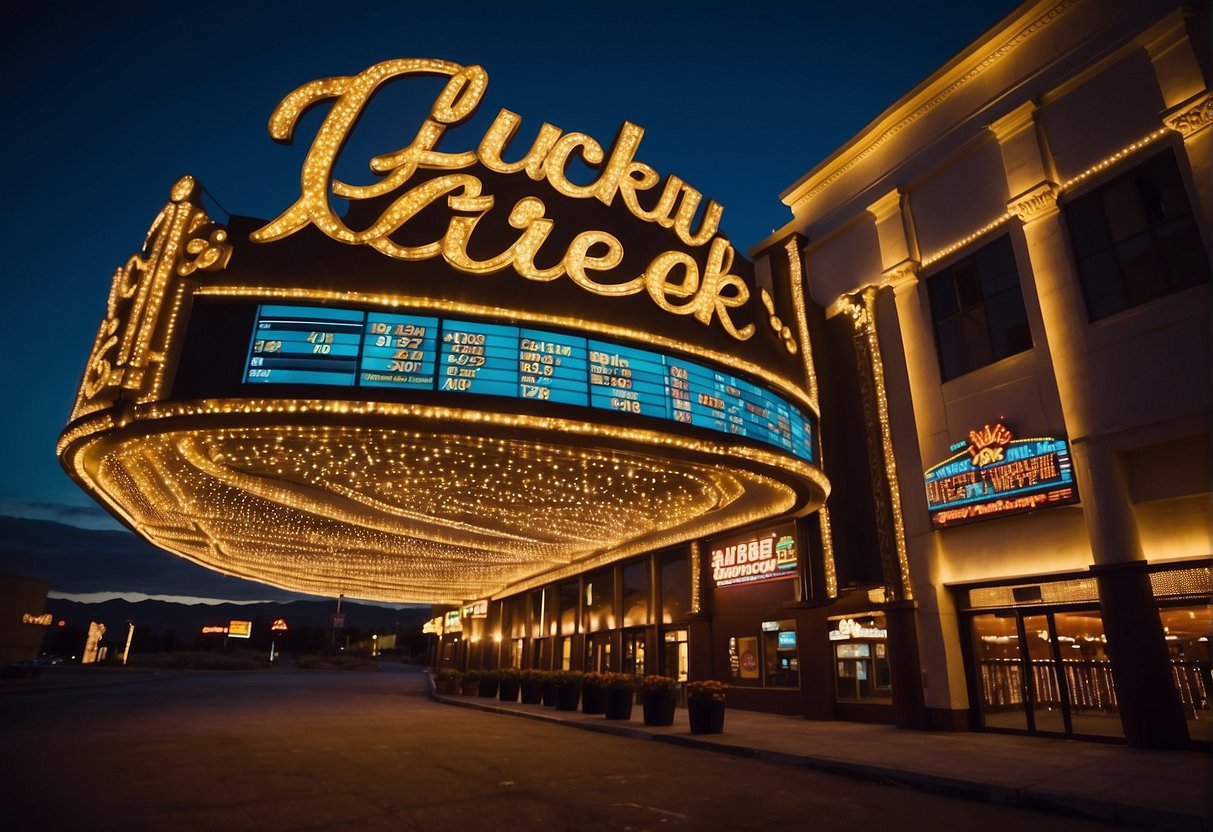 A glowing casino sign with "Lucky Creek" and "$75 No Deposit Bonus" displayed, surrounded by excited players and flashing slot machines