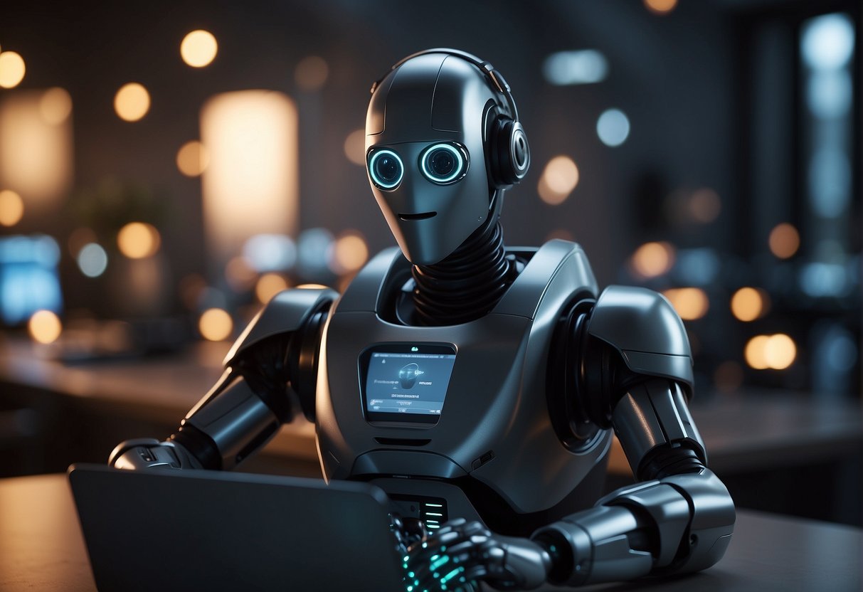 A referral bot sits at a computer, processing and sending out automated referrals to different contacts. The bot's interface displays various data and analytics
