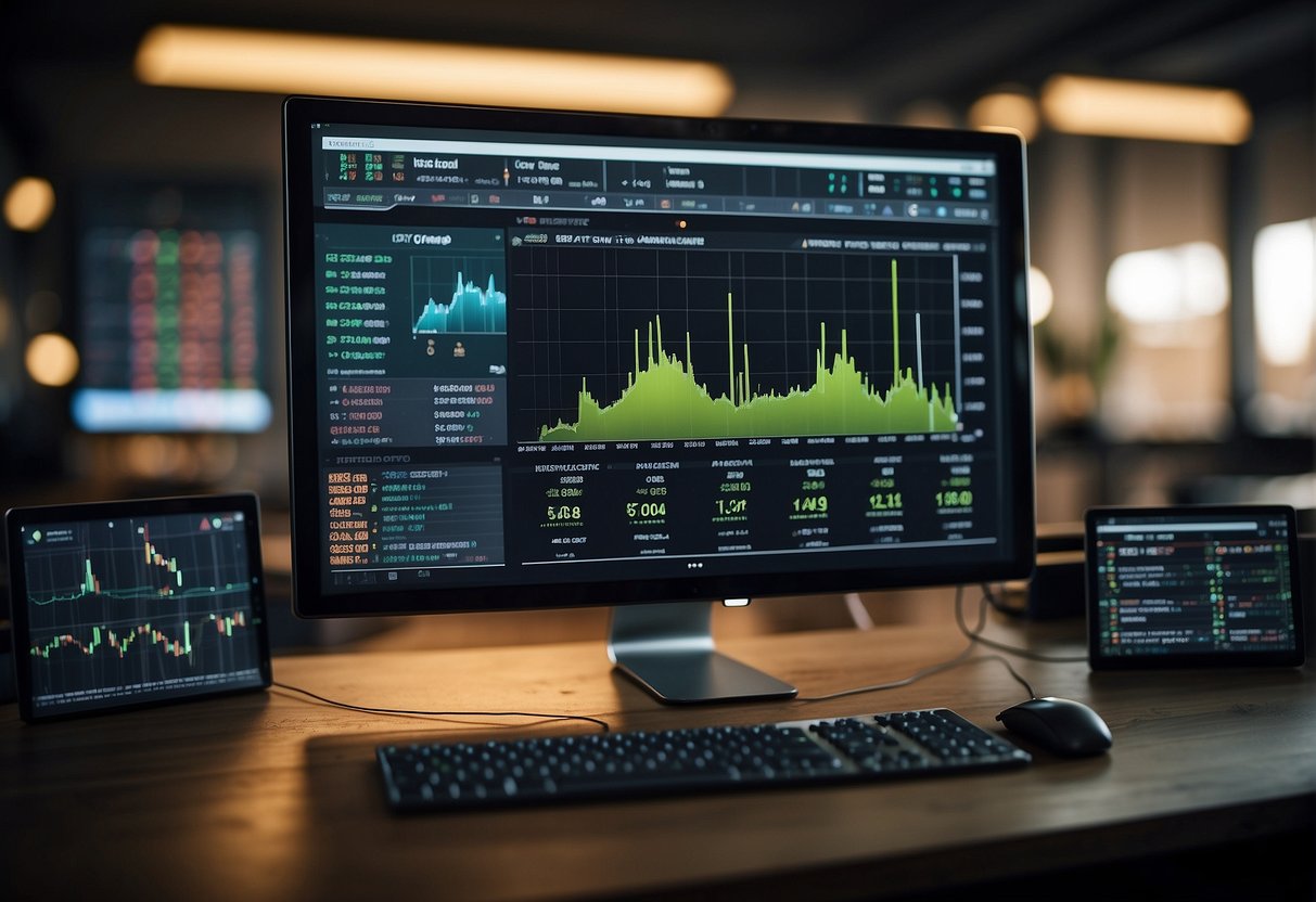 A computer screen displaying a crypto exchange platform with a variety of tokens available for purchase, surrounded by charts and graphs