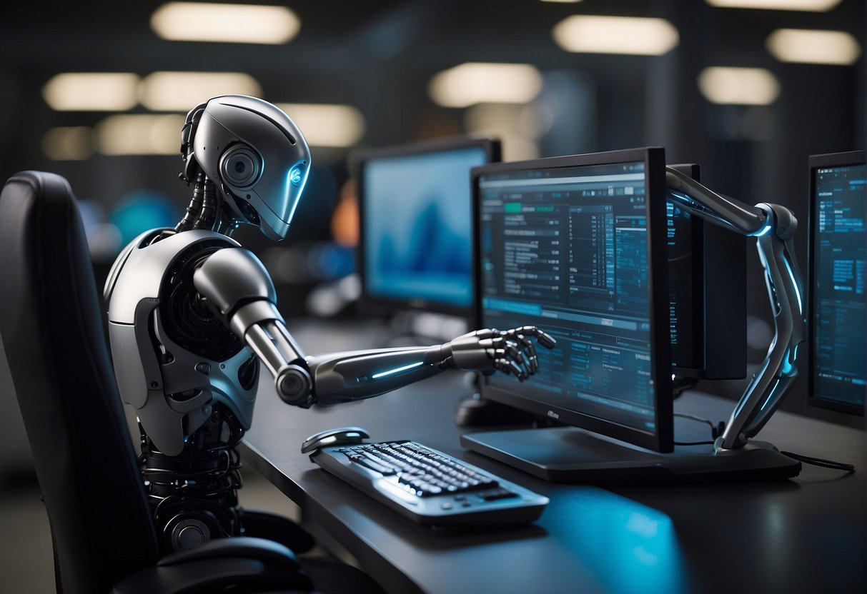 A referral link bot sits at a computer, displaying a screen with various clickable links. Its mechanical arms reach out to input data