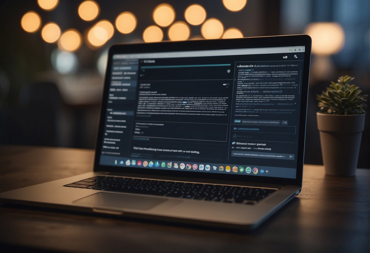 A computer screen displays a referral link bot algorithm in action, generating and distributing unique referral links across various platforms