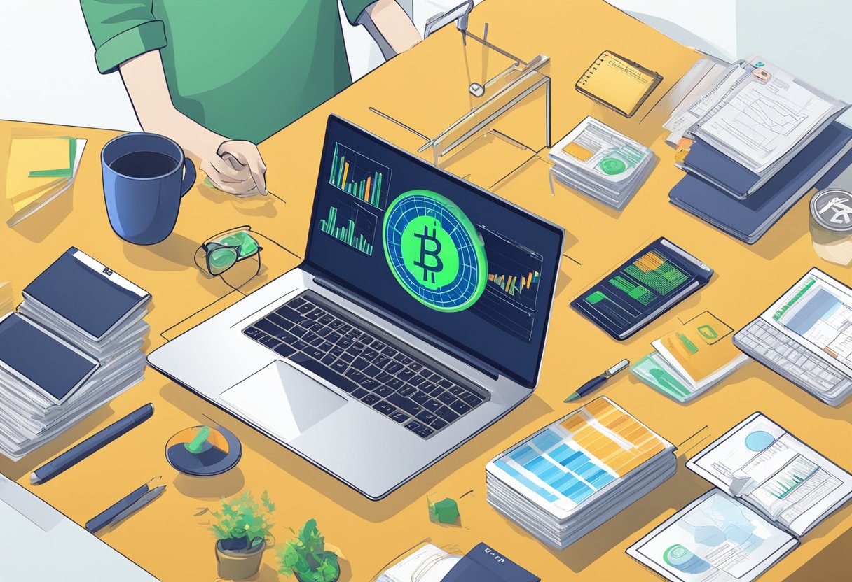 A table with a laptop, financial charts, and a variety of cryptocurrency logos. A person is researching and strategizing for portfolio diversification