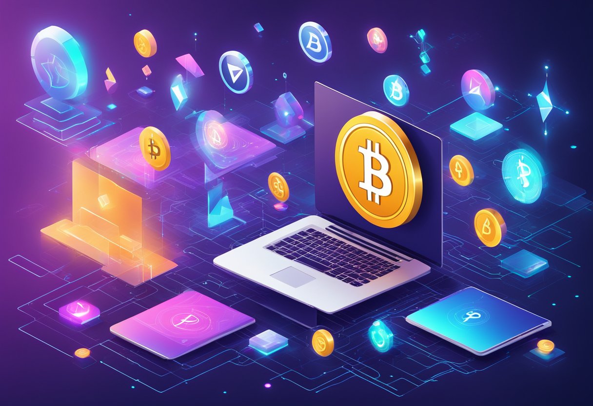 A diverse group of cryptocurrency symbols and logos floating in a digital space, surrounded by futuristic technology and financial charts