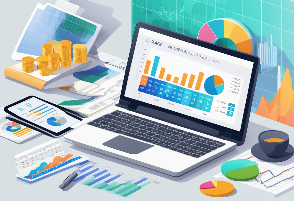 A modern laptop displaying a simple mortgage calculator app, surrounded by financial charts and graphs, symbolizing the role of fintech in mortgages