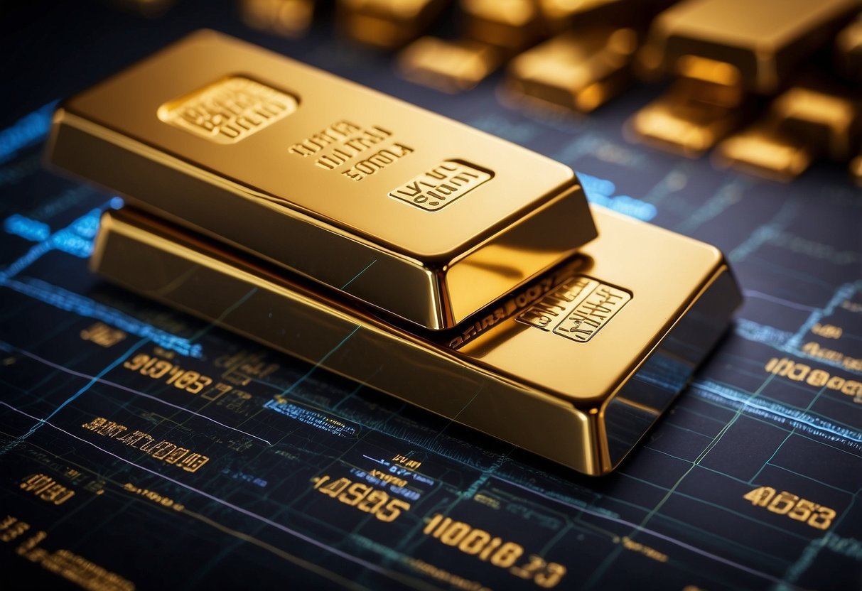 A stack of gold bars sits on a digital graph, showing fluctuating prices. A computer screen displays the Fintechzoom logo in the background