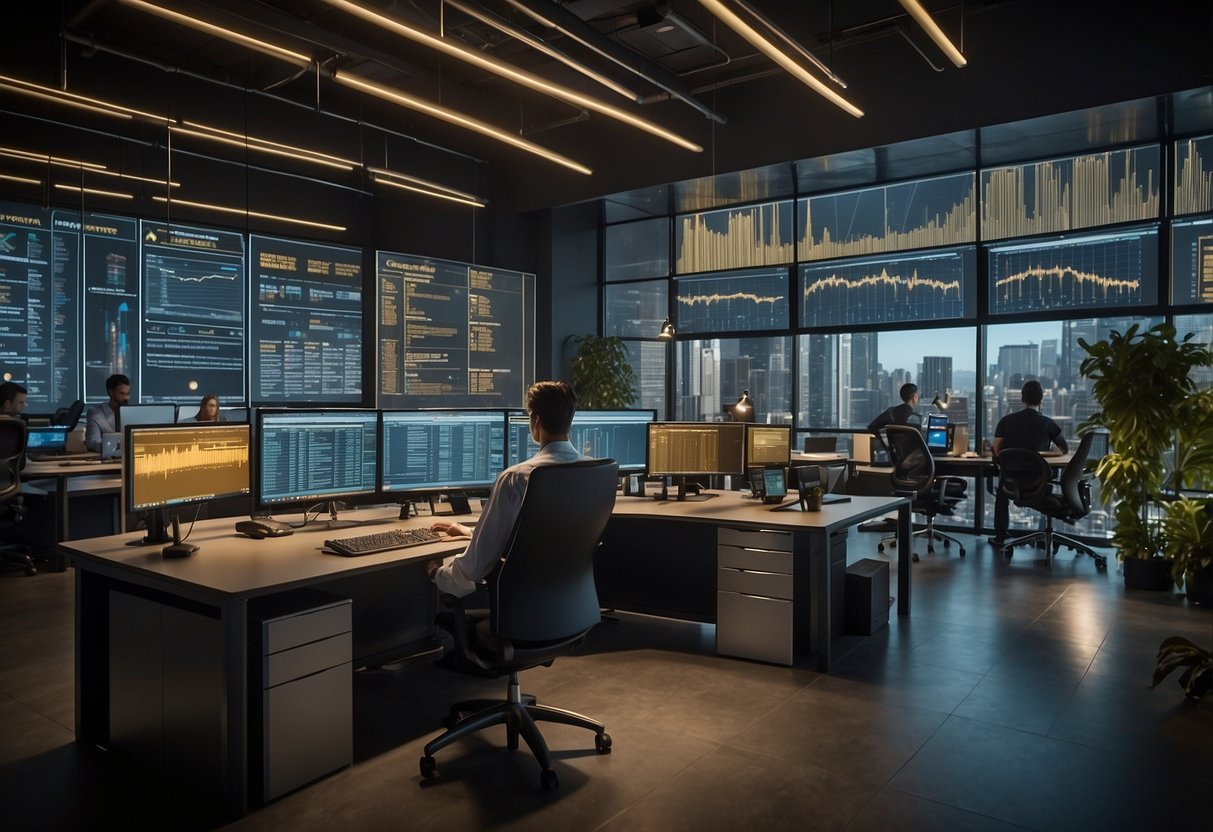 The scene shows a modern office with computer screens displaying Fintechzoom gold price data. Charts and graphs adorn the walls, while employees work diligently at their desks