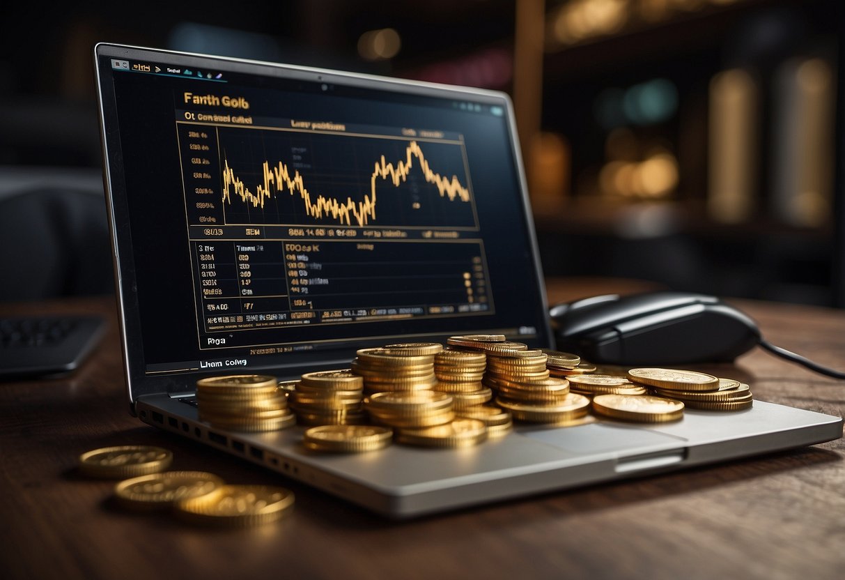 A stack of gold coins and a computer screen displaying "Frequently Asked Questions gold price fintechzoom."